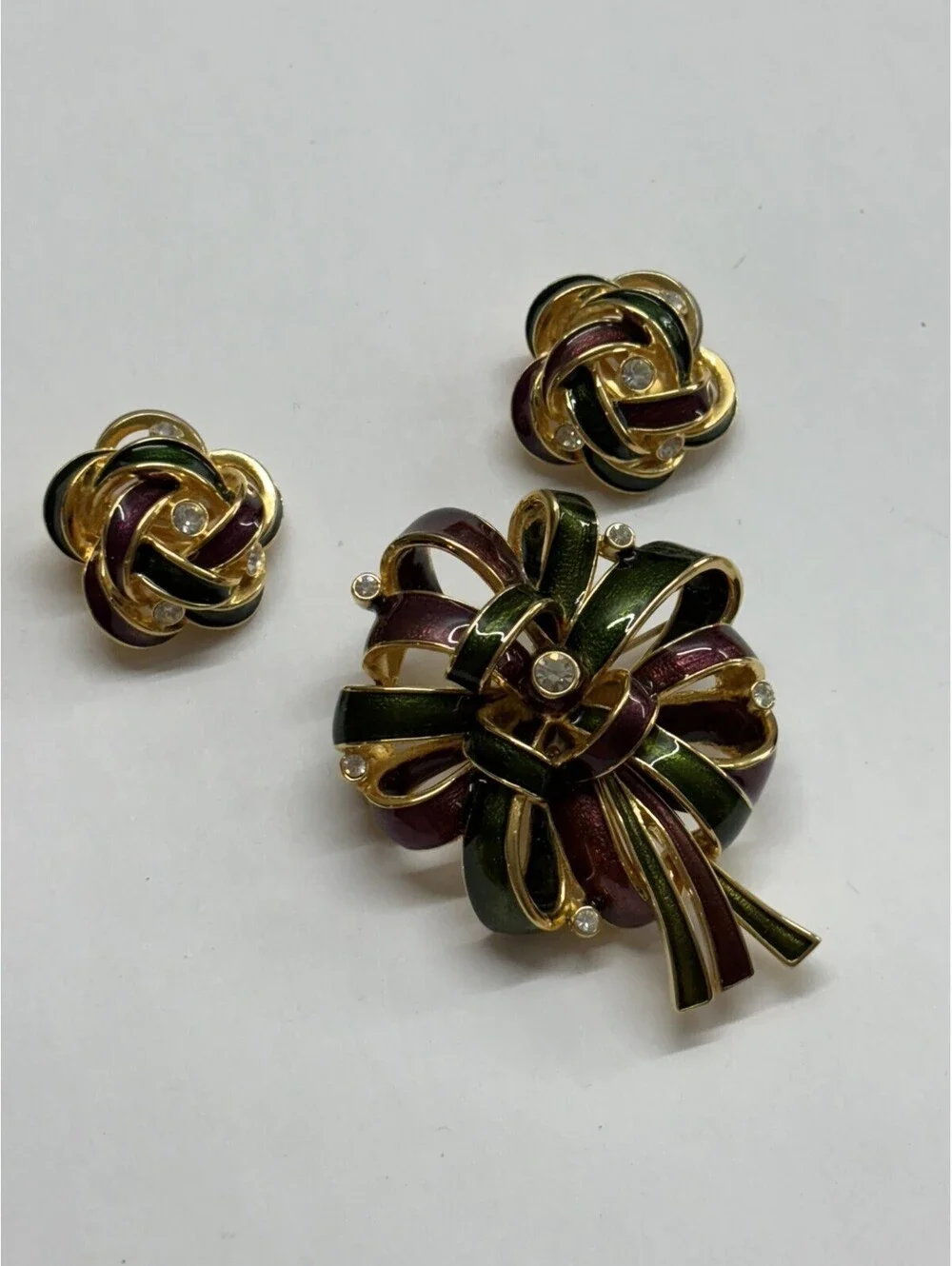 Joan Rivers Purple and Green Enamel Rhinestone Ribbon Bow Brooch and earrings